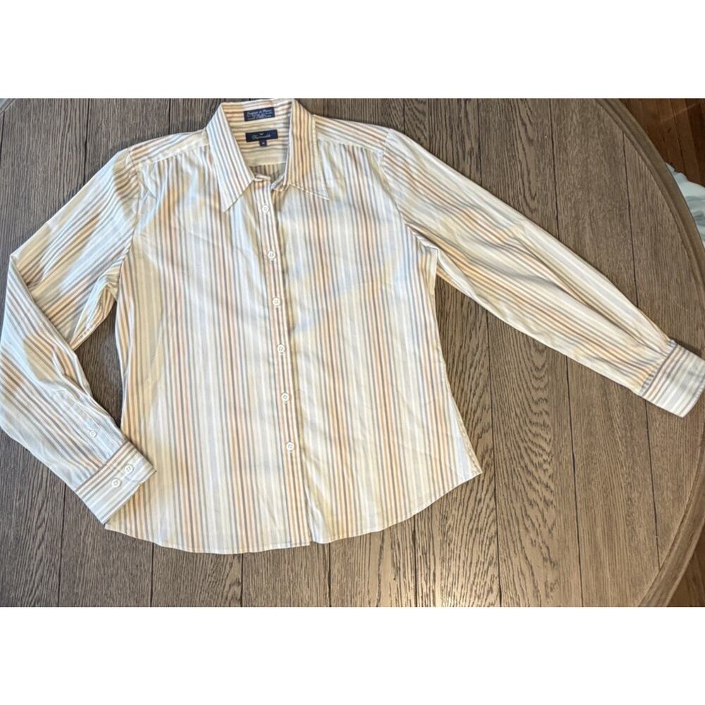 FACONNABLE Womens Long Sleeve Button-Down White Tan Yellow Stripe Shirt Size M